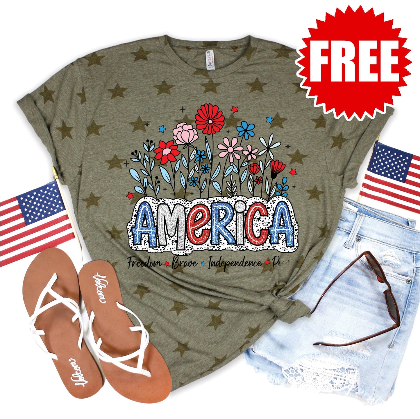 America Glitter Tee - Olive Star Print - 0