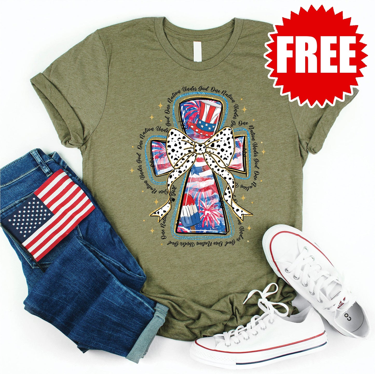 One Nation Under God Tee - Heather Olive - FREE