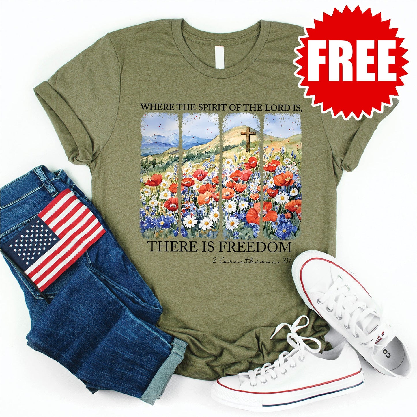 There If Freedom Floral Tee - Heather Olive - 0