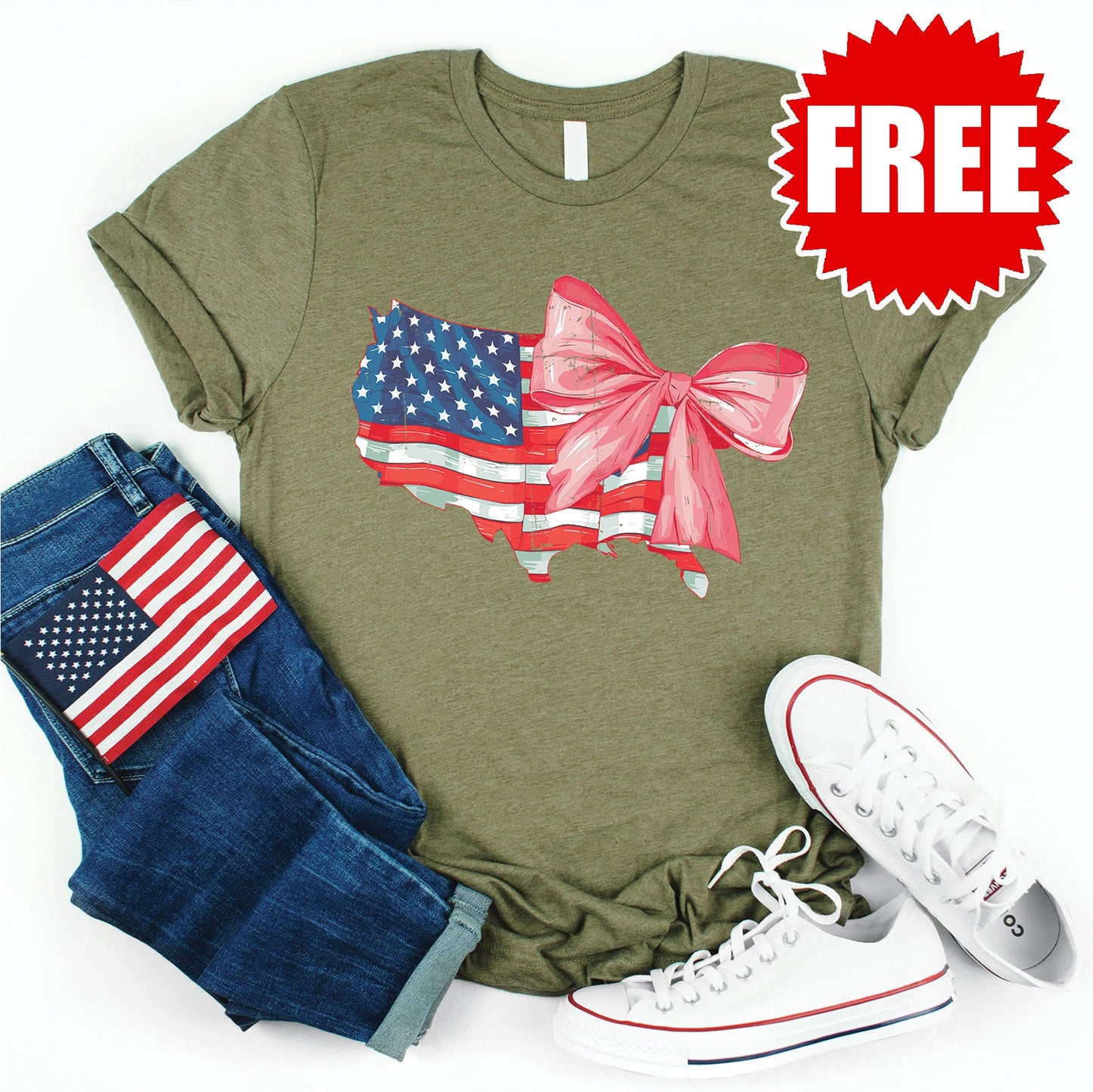 USA Ribbon Tee - Heather Olive - FREE