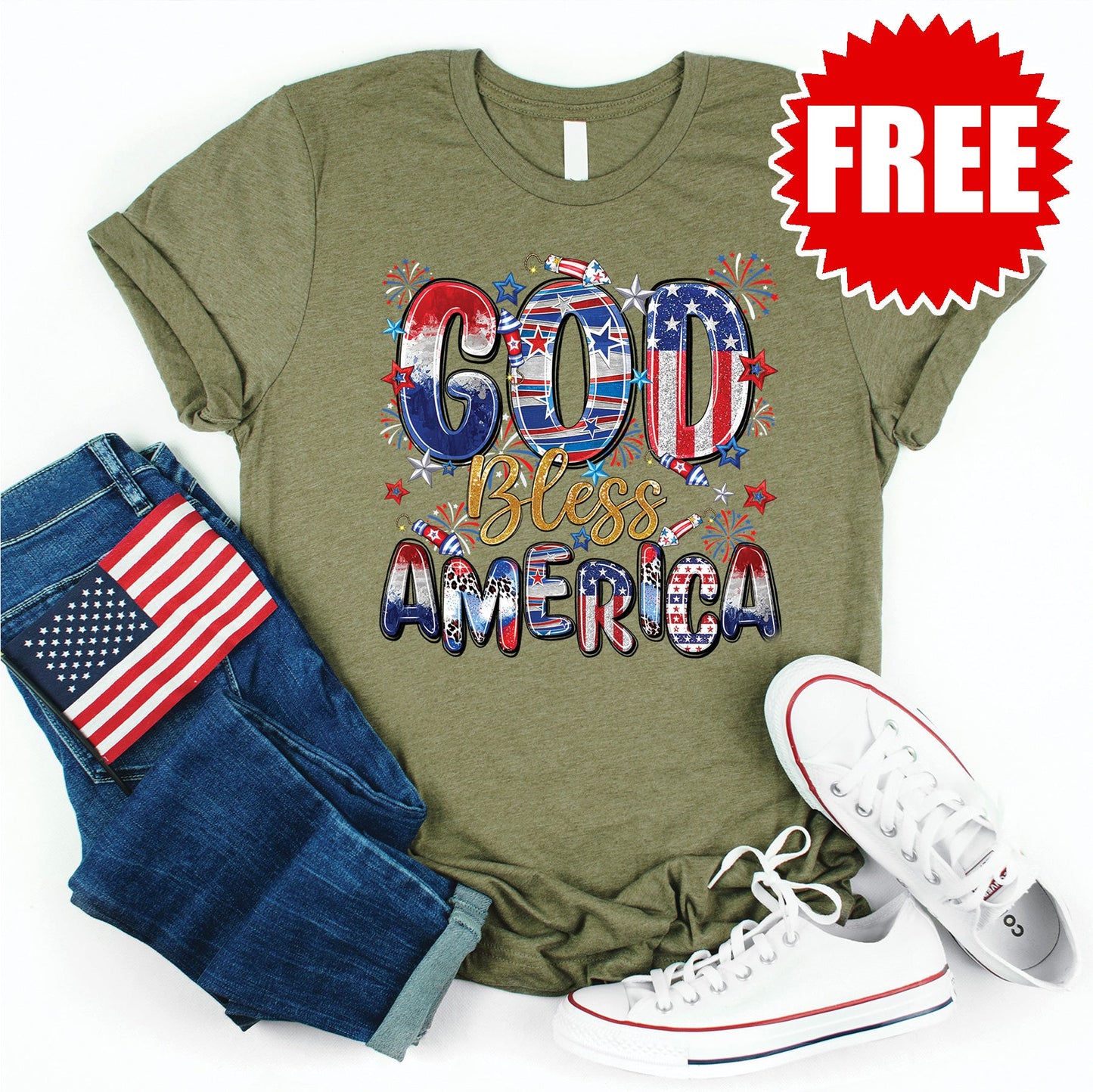 God Bless America Fireworks Tee - Heather Olive - 0