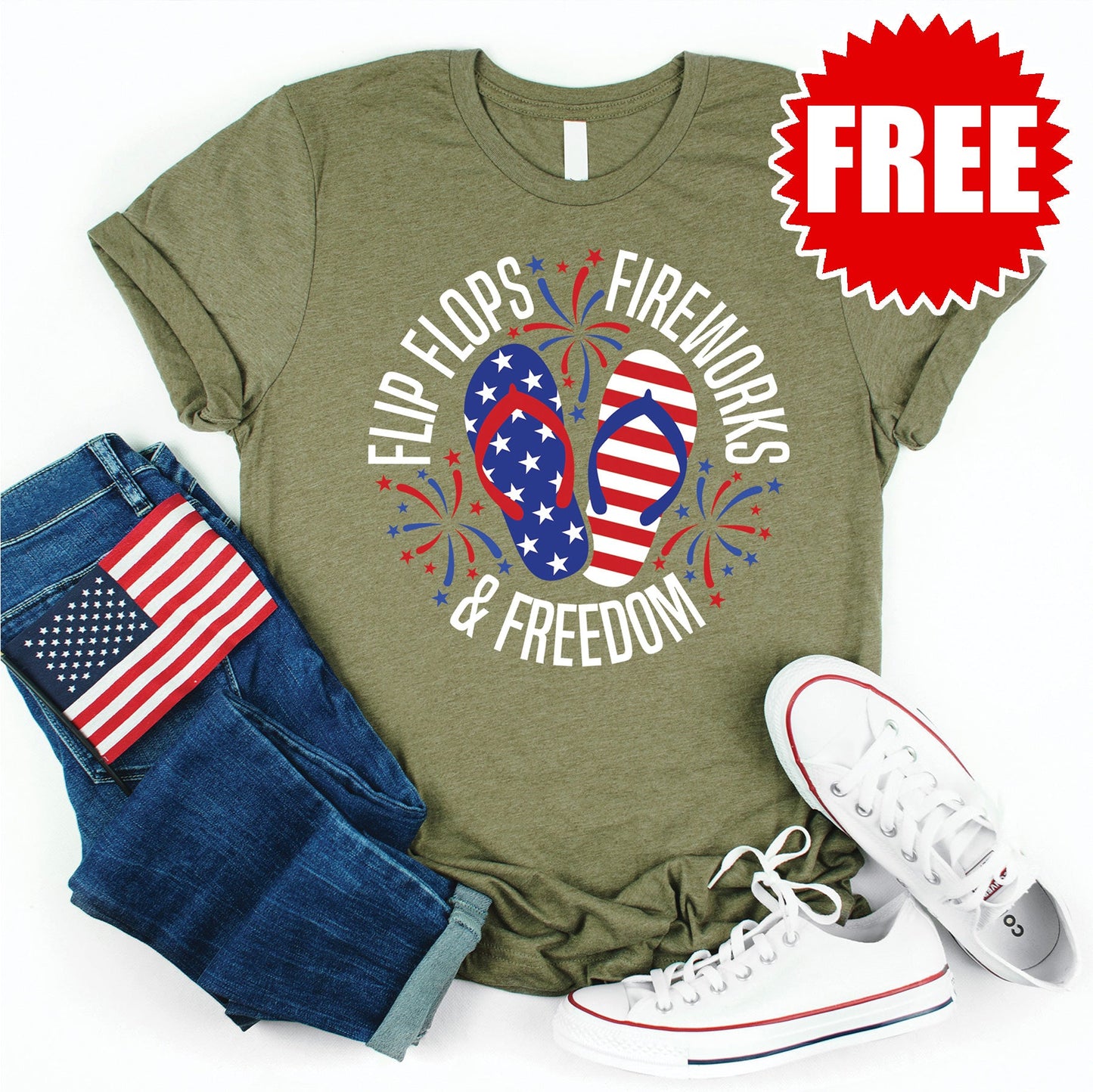 Flip Flops Fireworks Freedom Tee - Heather Olive - 0