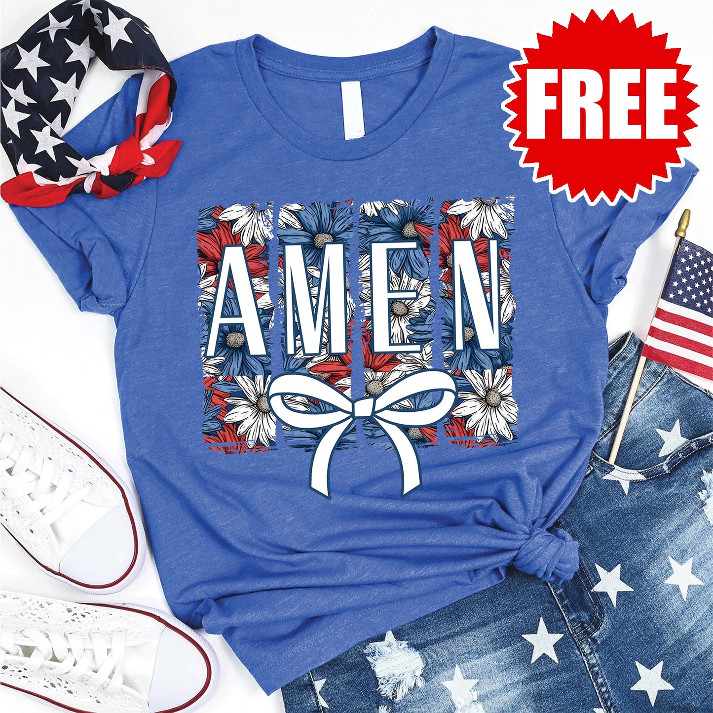 Amen Floral Tee - Heather Royal Blue - 0