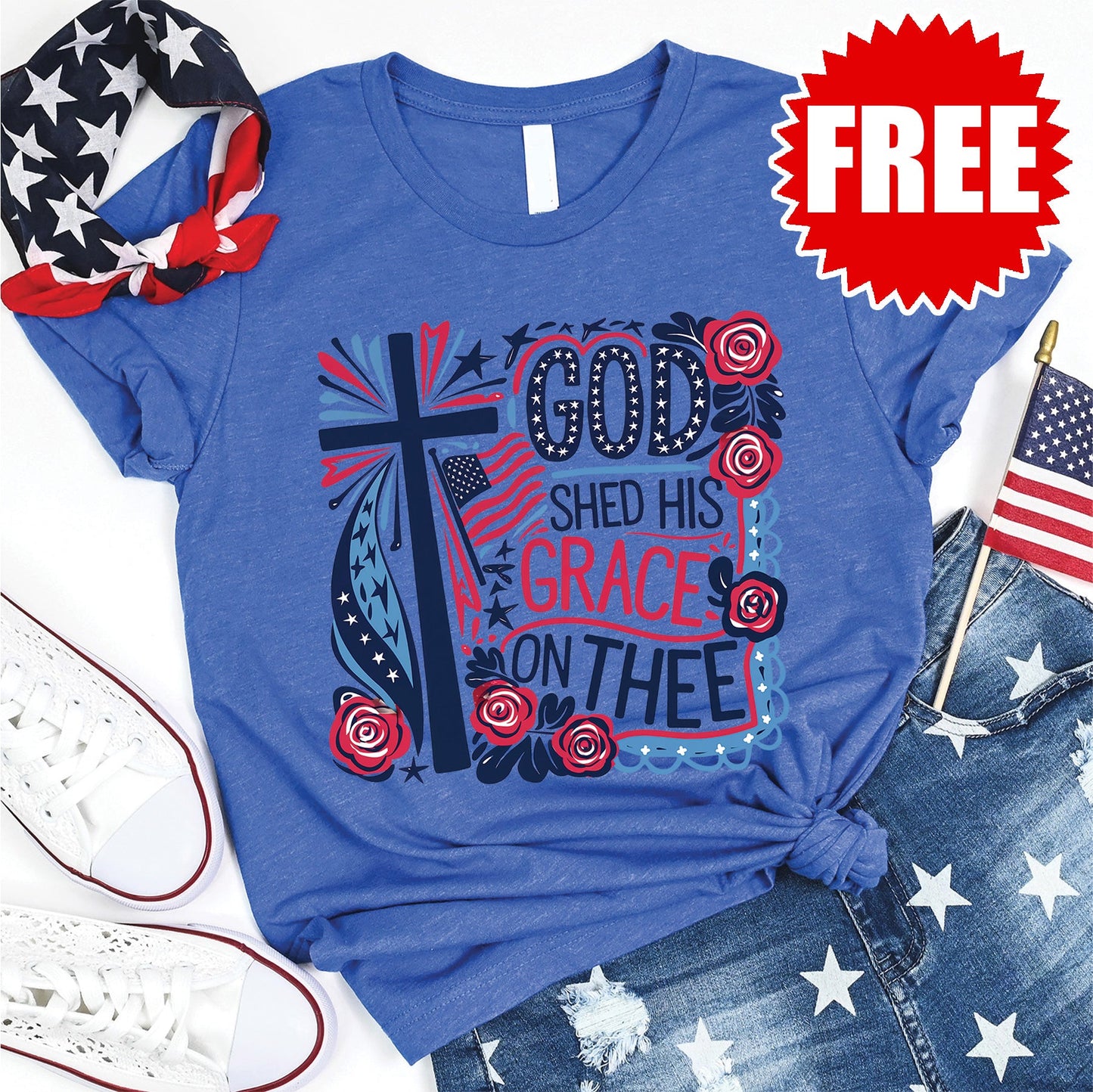 God Shed His Grace Tee - Heather Royal Blue - 0