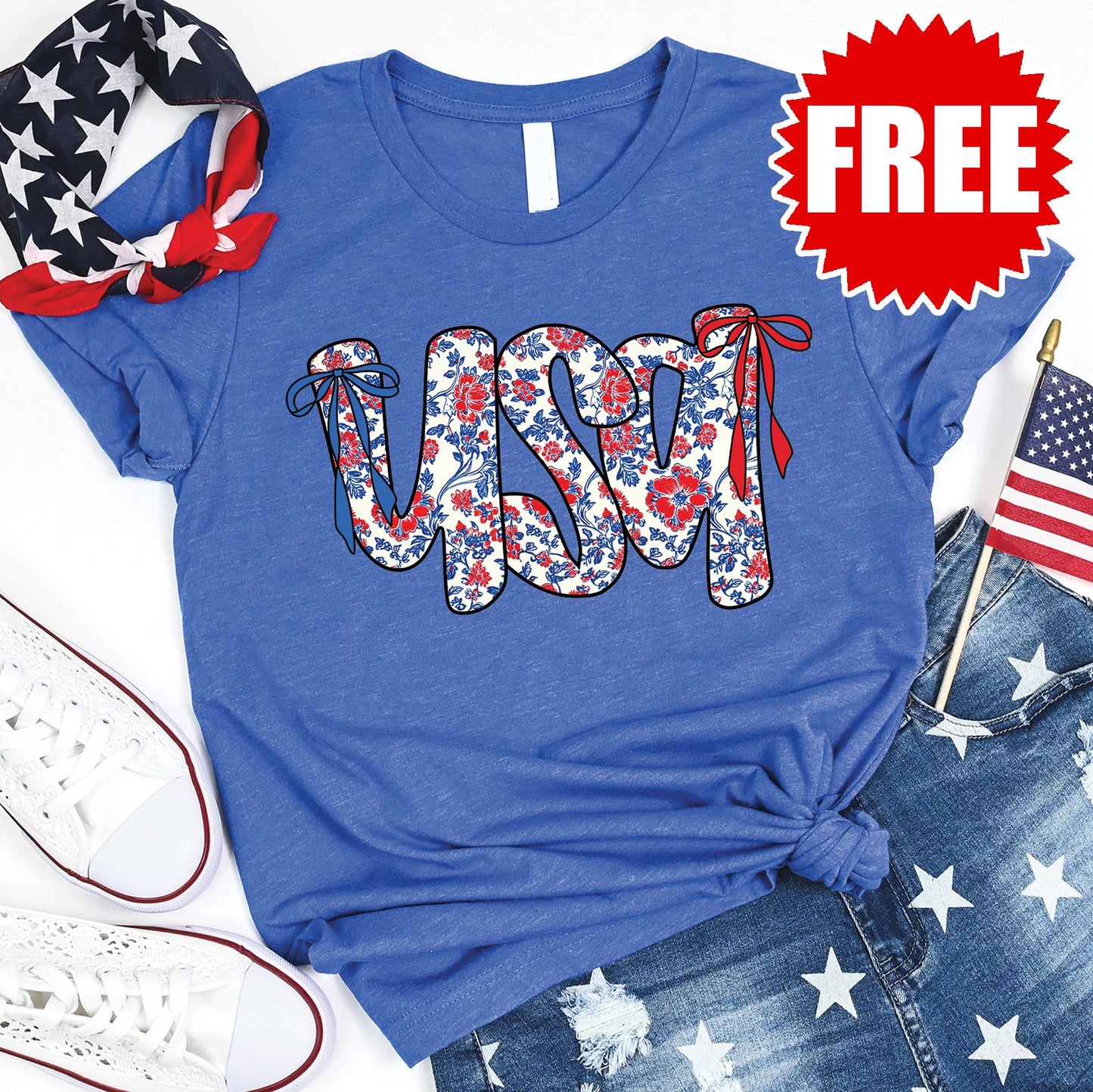 USA Ribbon Tee - Heather Royal Blue - 0