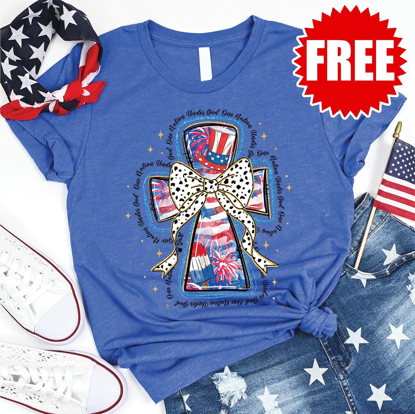 One Nation Under God Tee - Heather Royal Blue - FREE