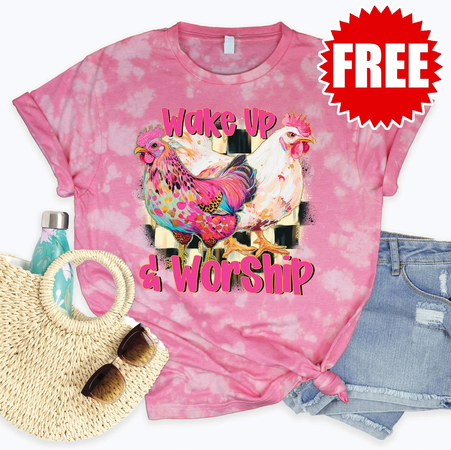 Wake Up and Worship Tee - Pink Peony Tie Dye - 0