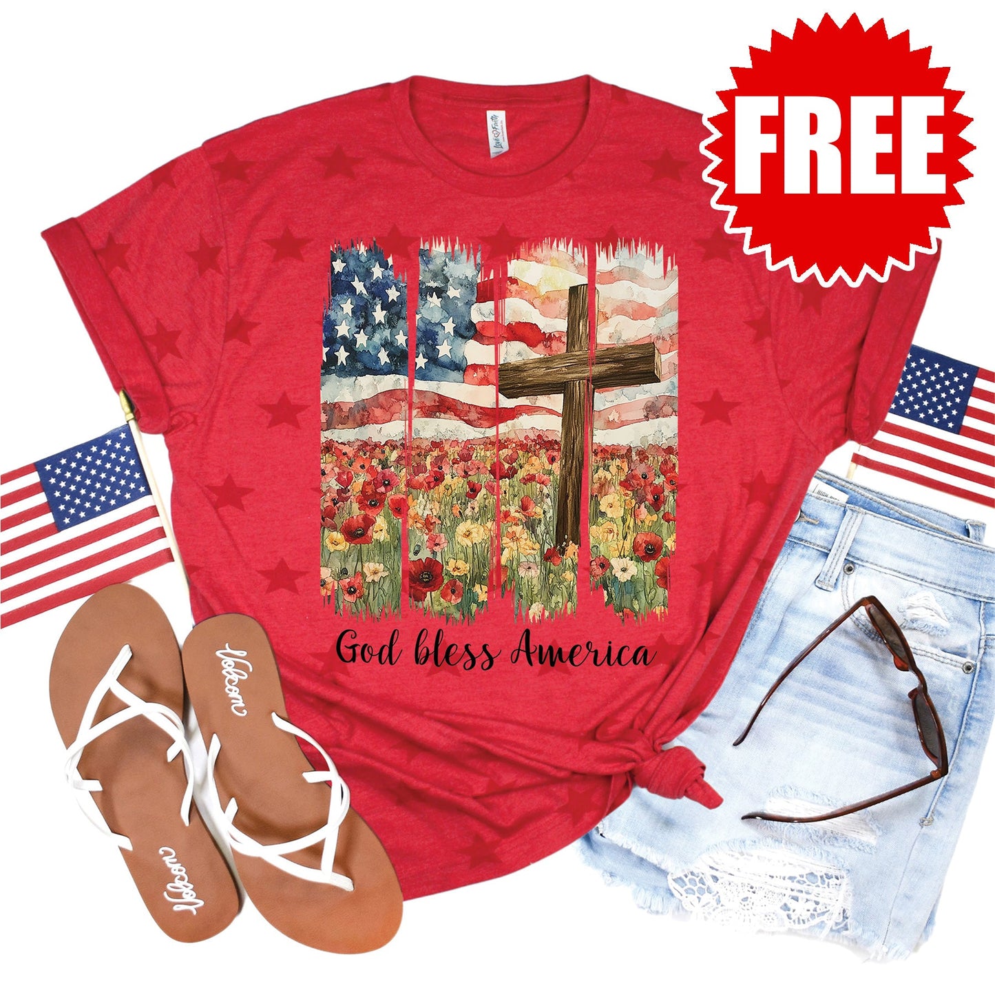 God Bless America Tee - Red Star Print - 0