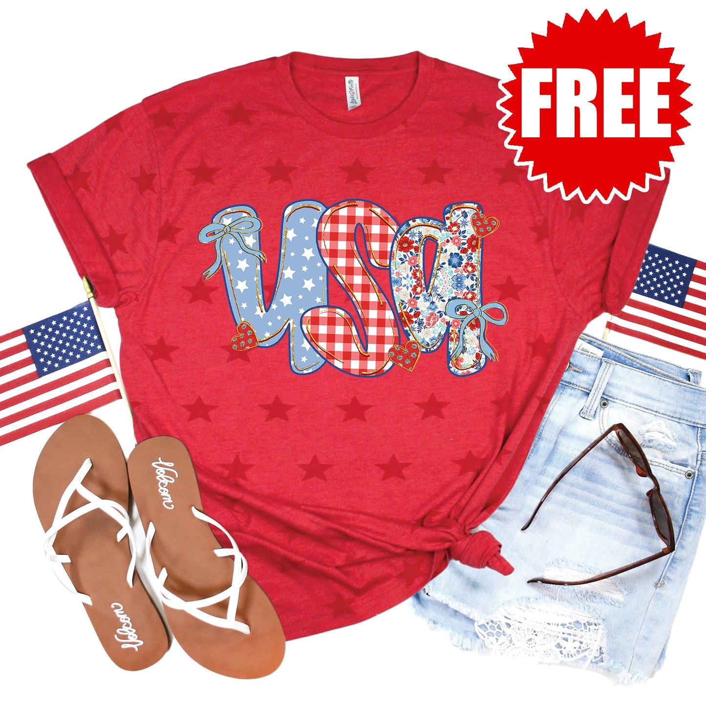 USA Patterns Tee - Red Star Print - 0