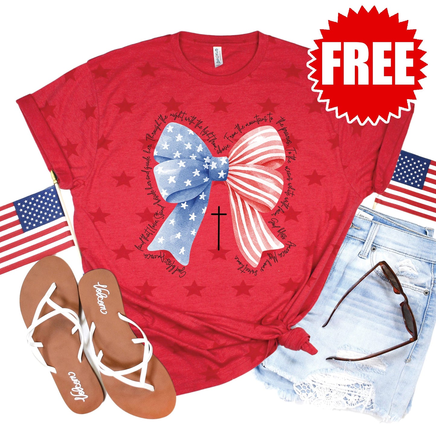 God Bless America Bow Tee - Red Star Print - 0