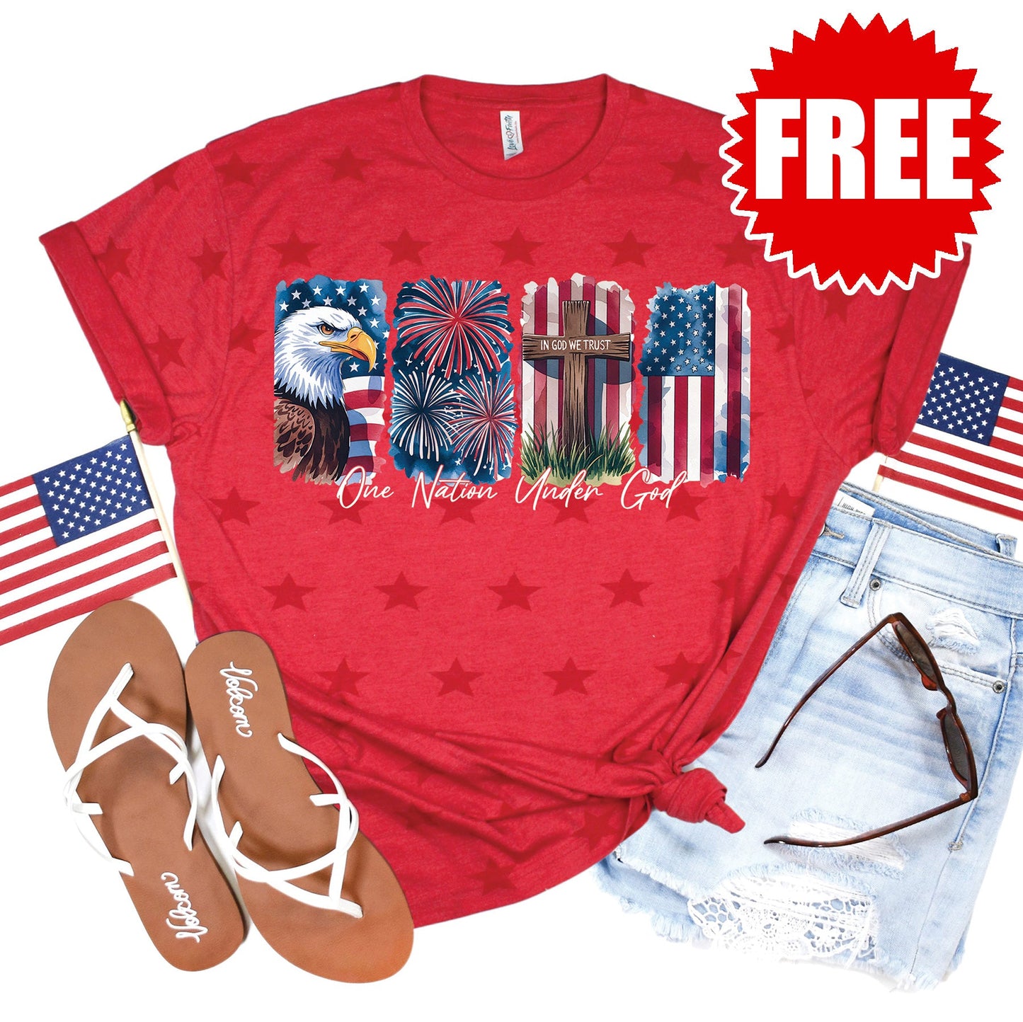 One Nation Under God Tee - Red Star Print - 0
