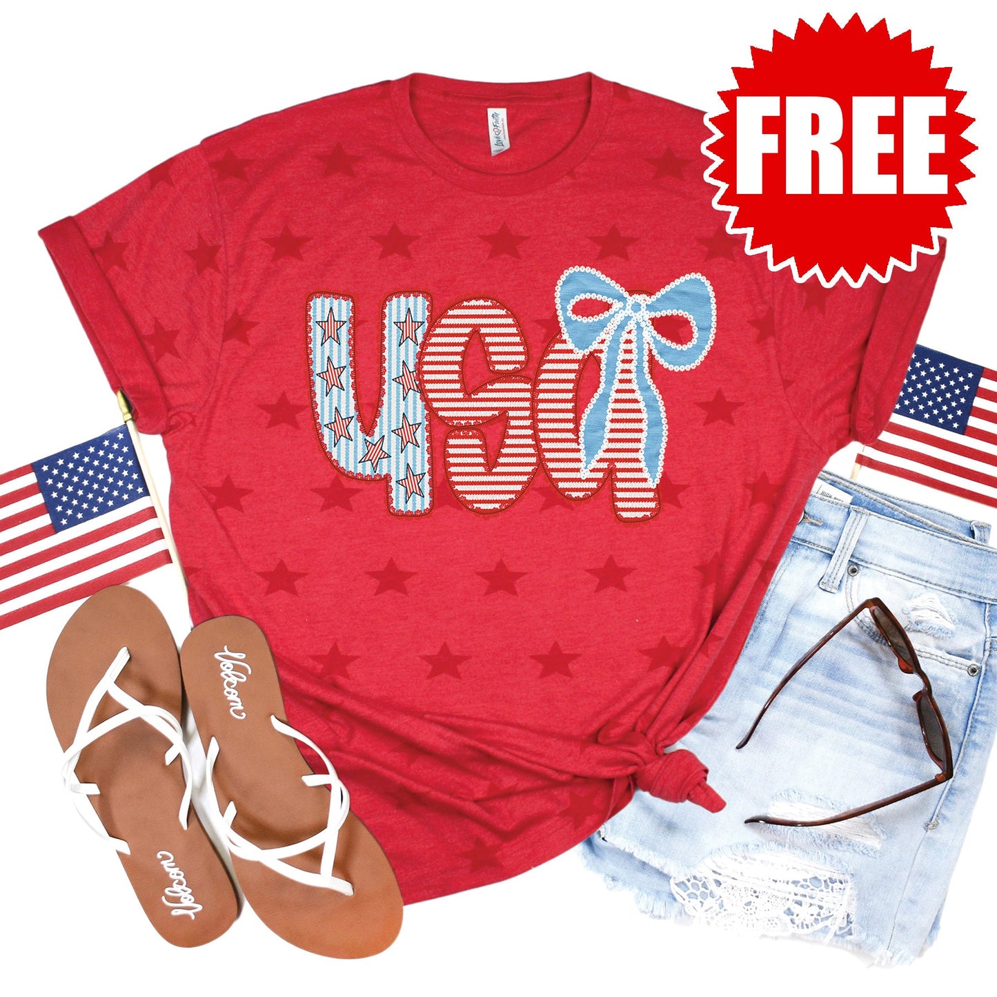 USA Stars and Stripes Tee - Red Star Print - 0
