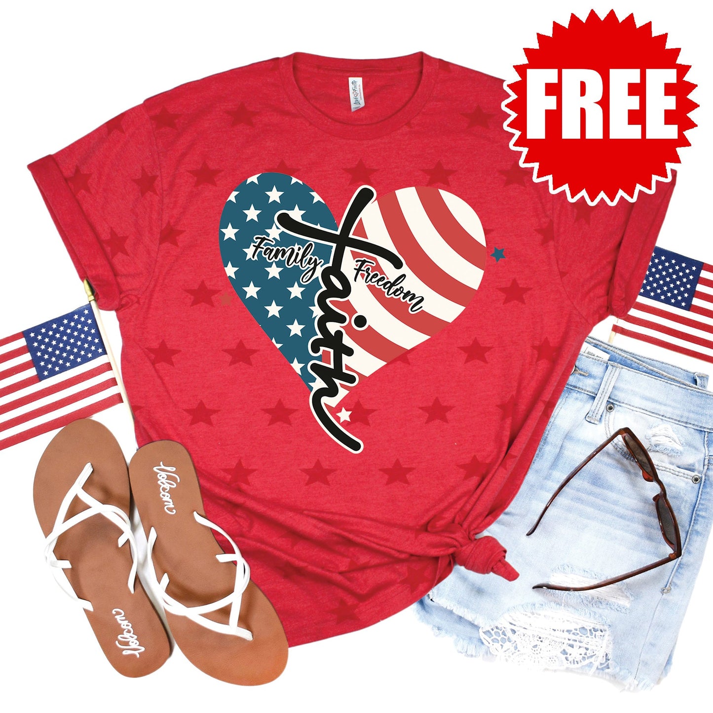 Faith Family Freedom USA Tee - Red Star Print - 0