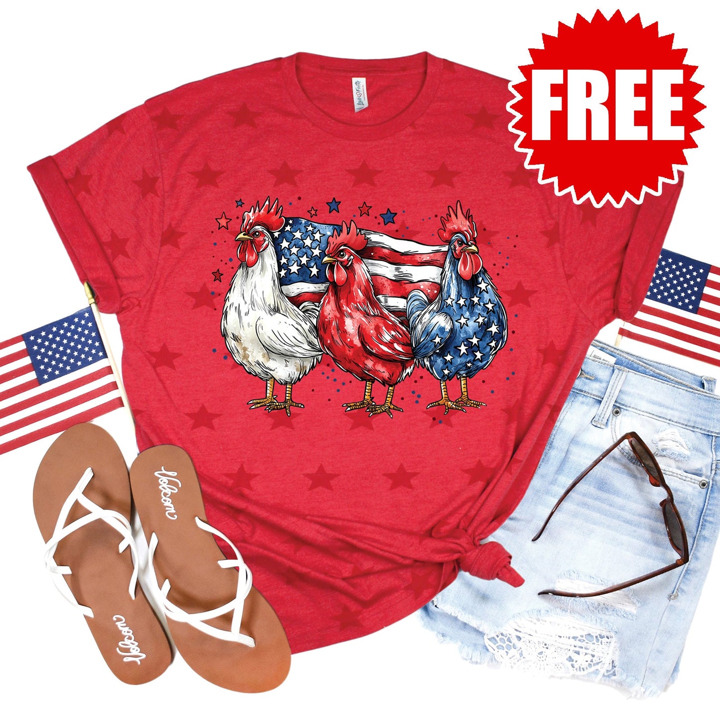 American Chickens Tee - Red Star Print - 0