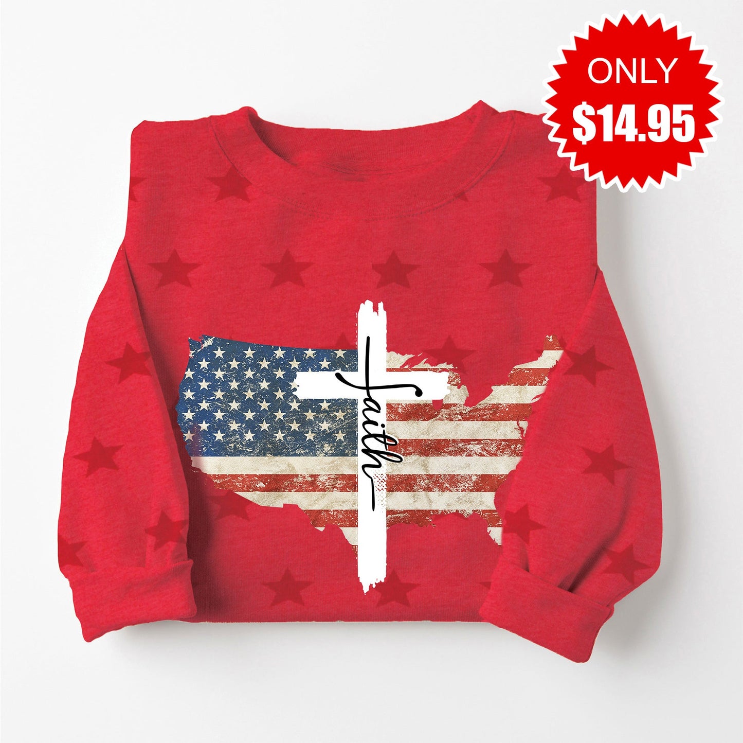 USA Faith Cross Sweatshirt - Red Star Print - 14.95