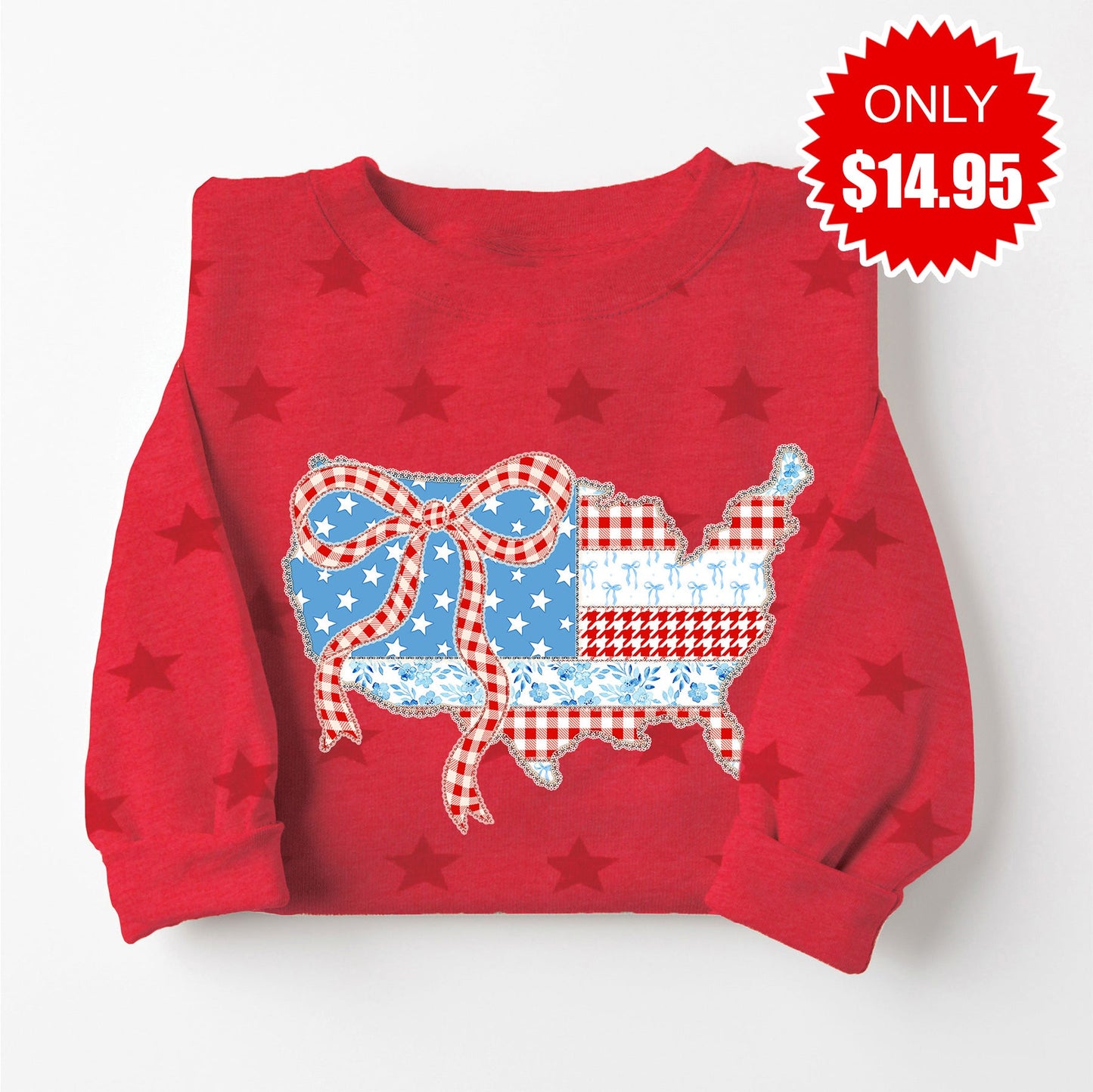 USA Shape Bow Sweatshirt - Red Star Print - 14.95