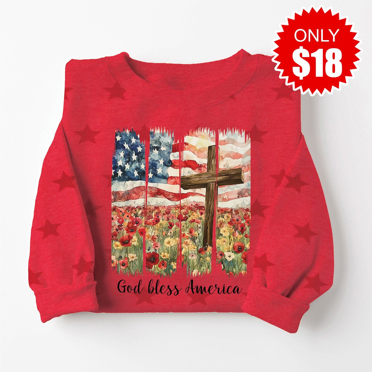 God Bless America Sweatshirt - Red Star Print - 18 Style001