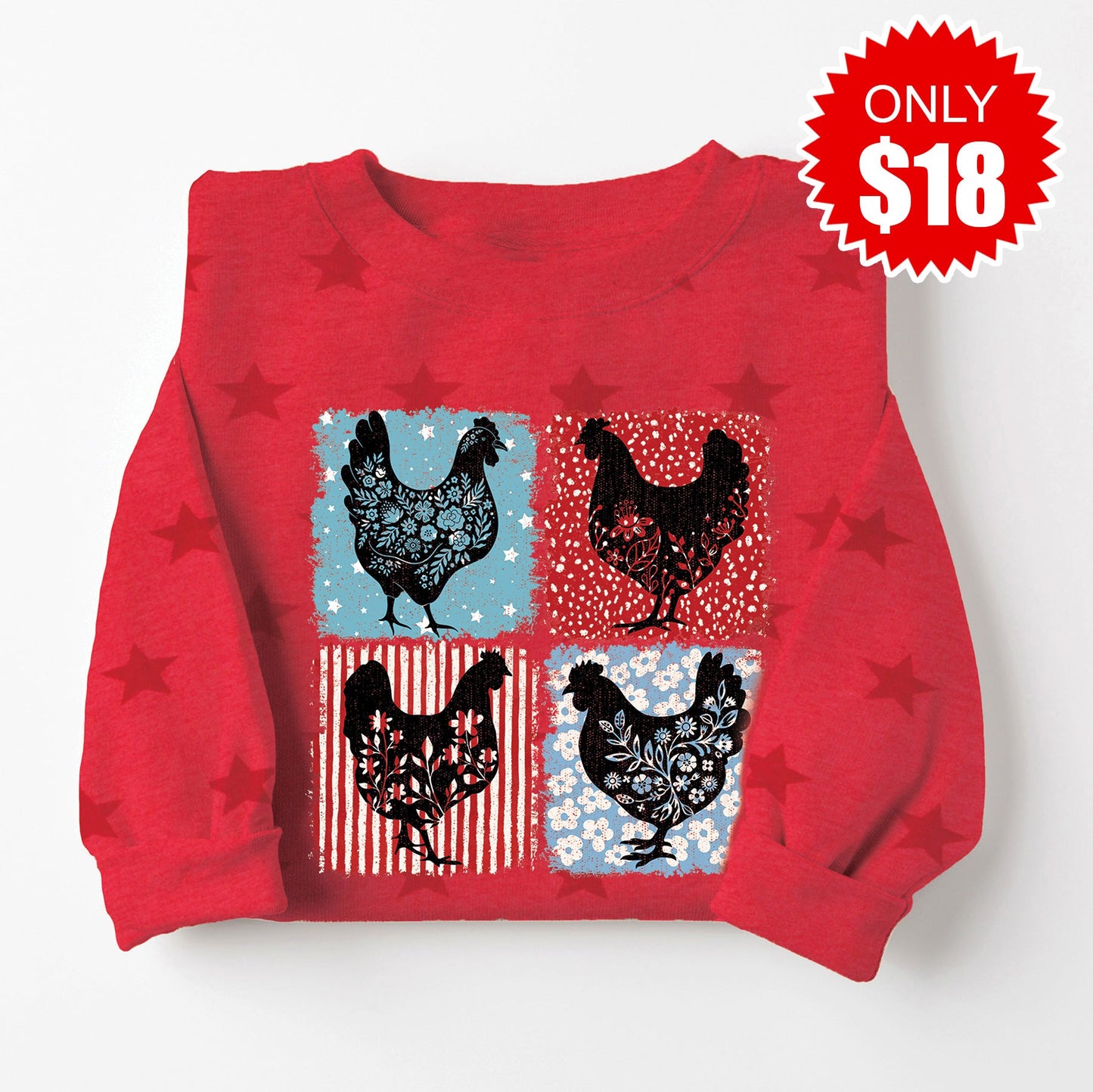 Patriotic Patchwork Chicken Sweatshirt - Red Star Print - 18