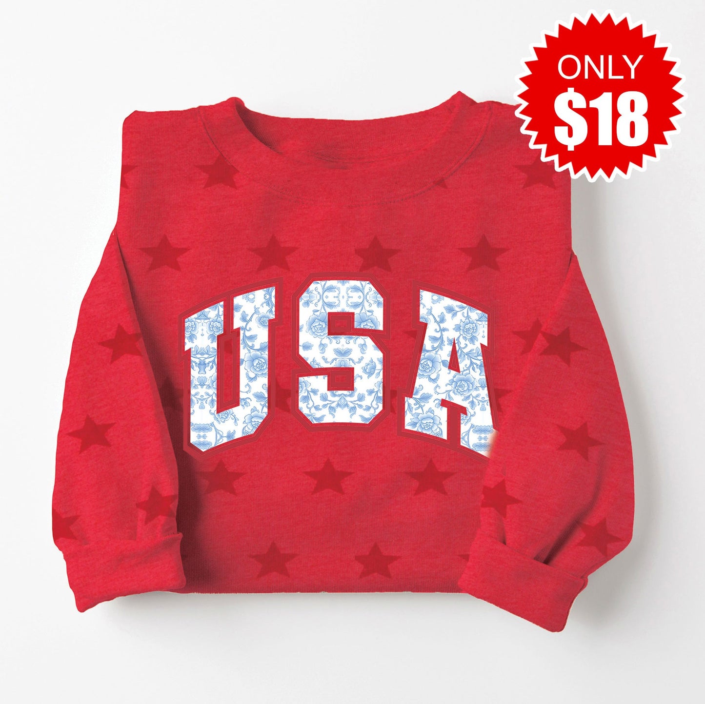 USA Floral Sweatshirt - Red Star Print - 18