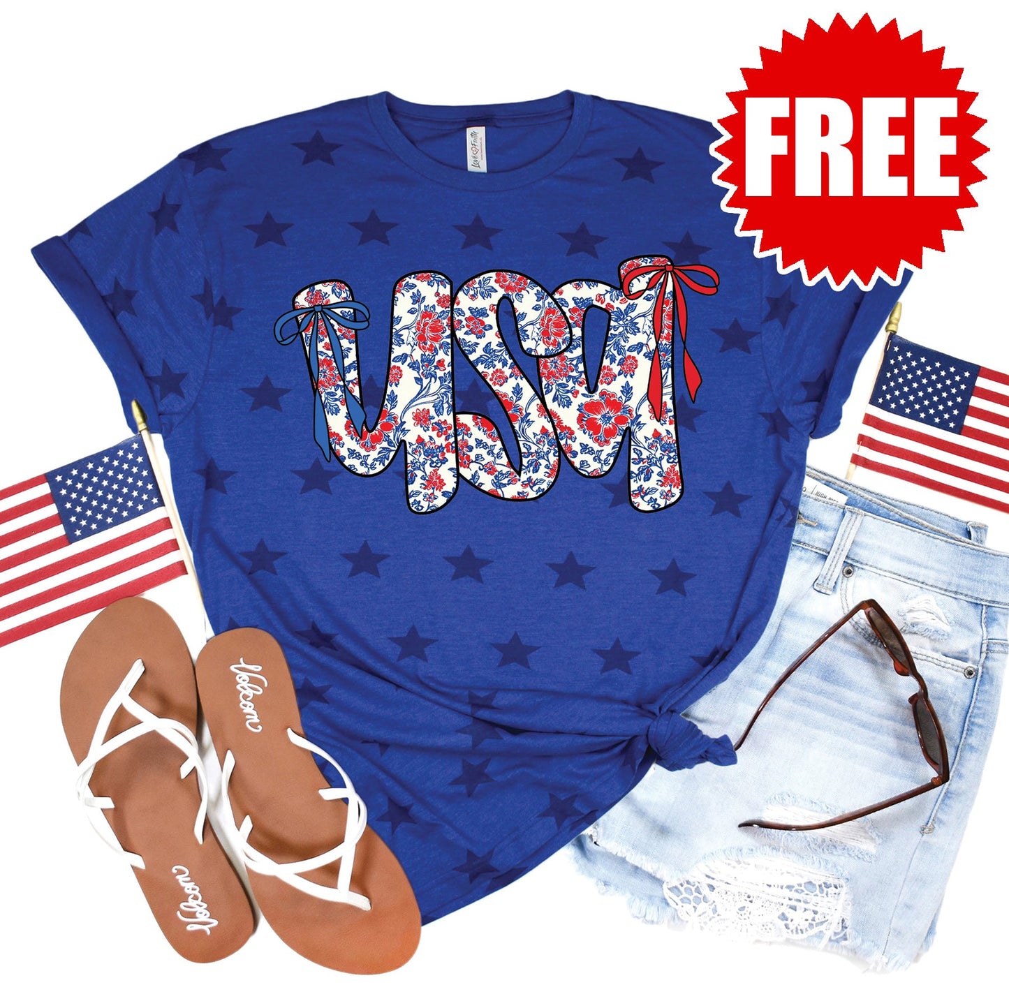 USA Ribbon Tee - Blue Star Print - 0