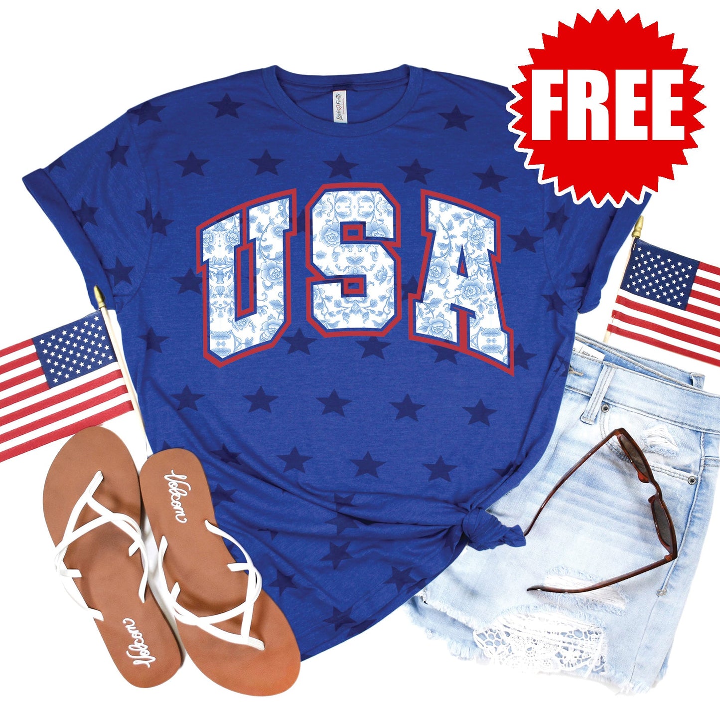 USA Floral Tee - Blue Star Print - 0