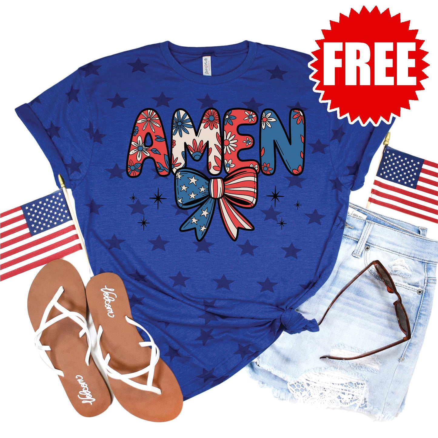 Amen Tee - Blue Star Print - 0