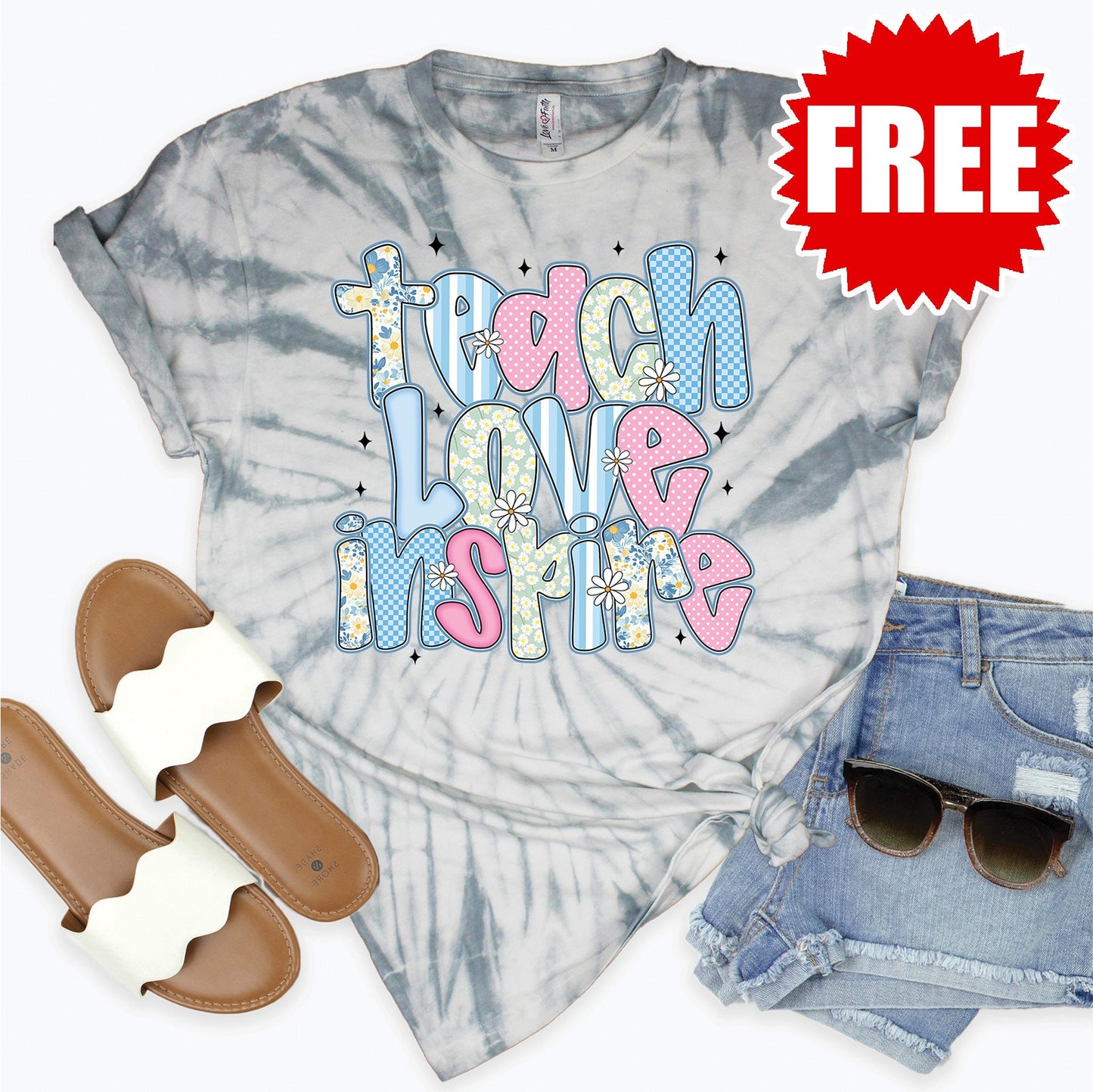 Teach Love Inspire Tee - Tie Dye Soft Grey - 0