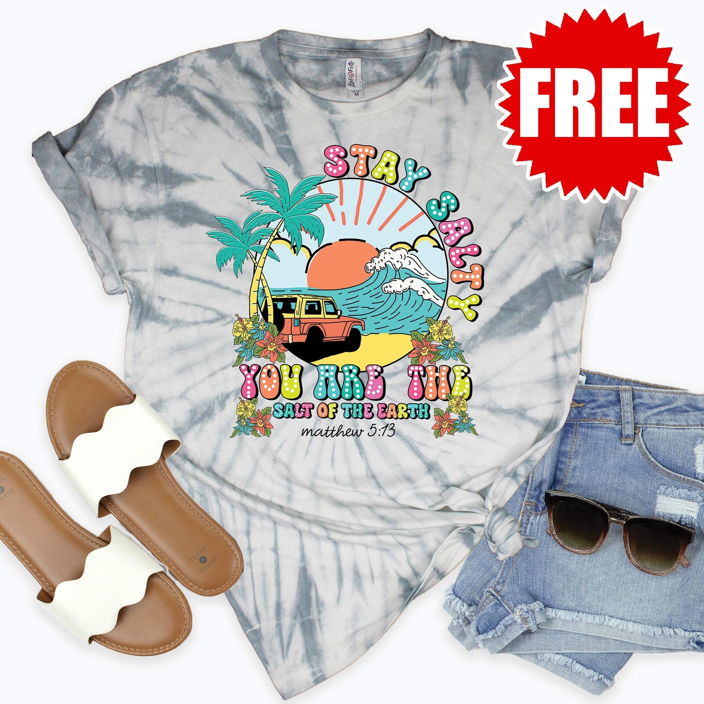 Stay Salty Tee - Tie Dye Soft Grey - 0