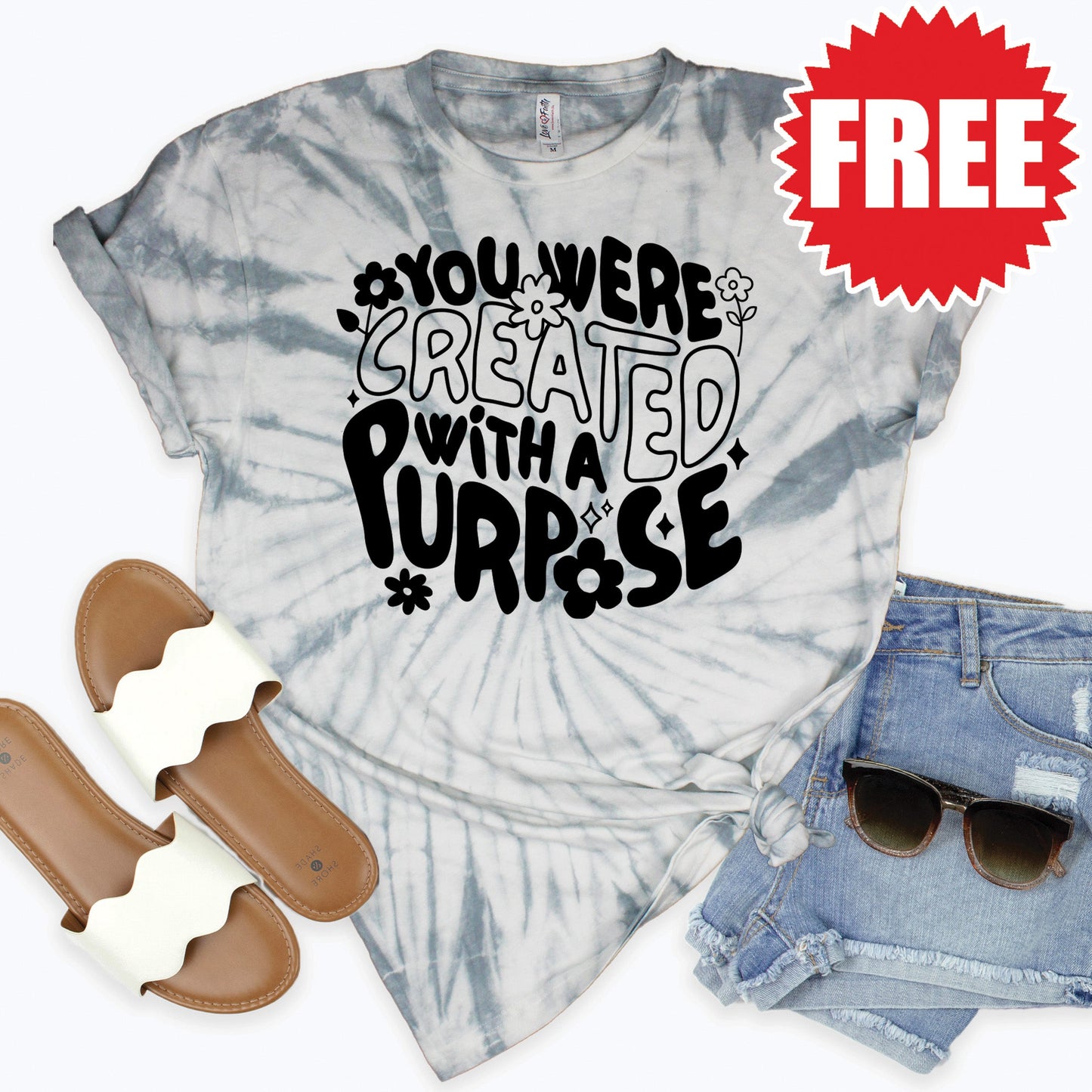 Your Were Created With A Purpose Tee - Tie Dye Soft Grey - 0