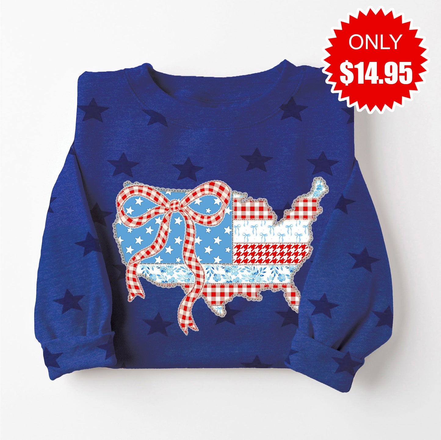 USA Shape Bow Sweatshirt - Blue Star Print - 14.95