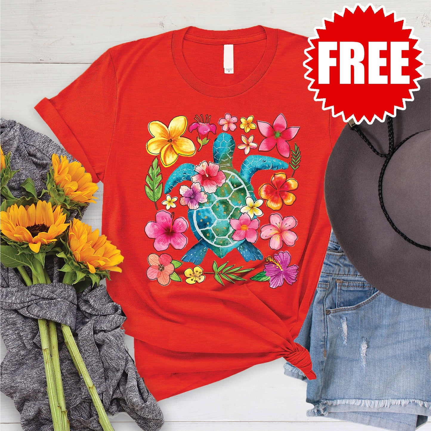 Turtle Floral Tee - Heather Poppy - 0
