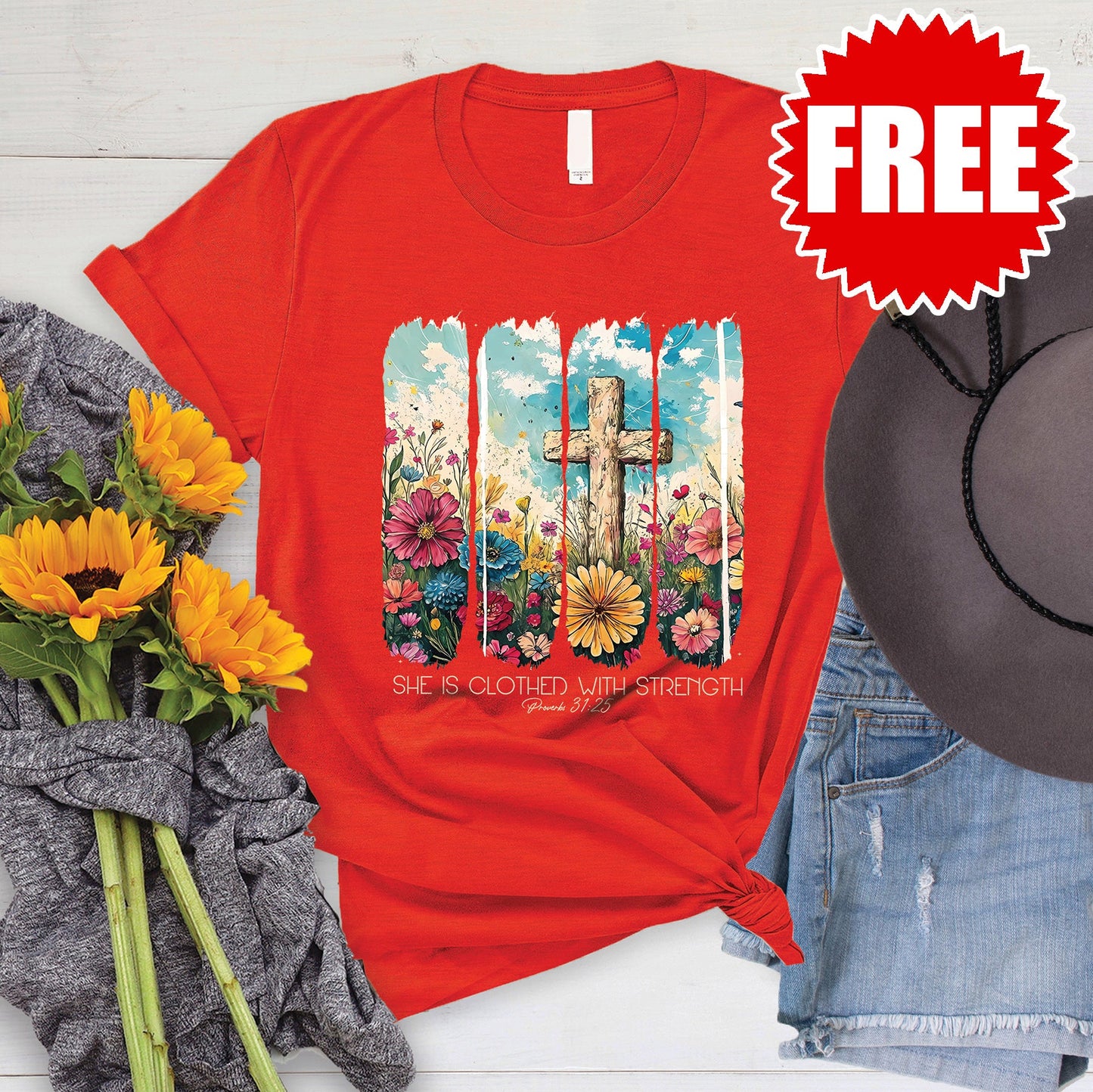 She is Clothed - White Tee - Heather Poppy - FREE