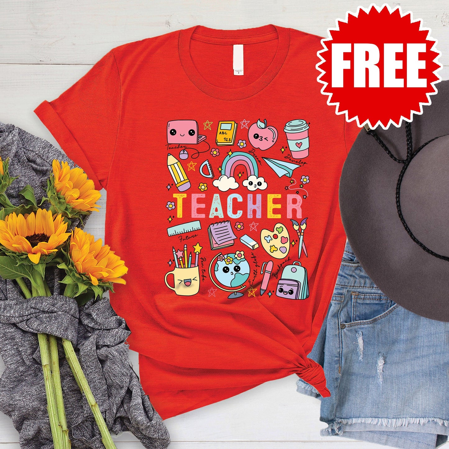 Teacher Rainbow Tee - Heather Poppy - FREE