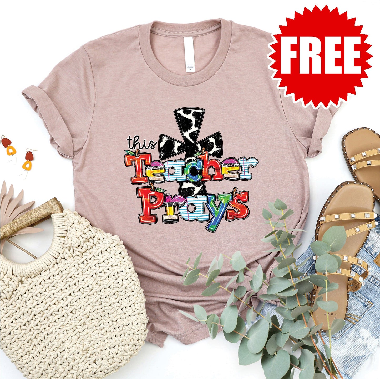 Teacher Prays Tee - Heather Pink Gravel - FREE