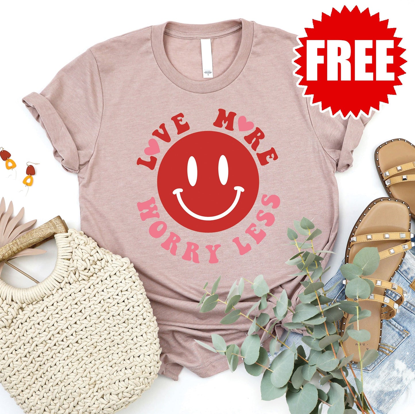 Love More Worry Less Tee - Heather Pink Gravel - FREE