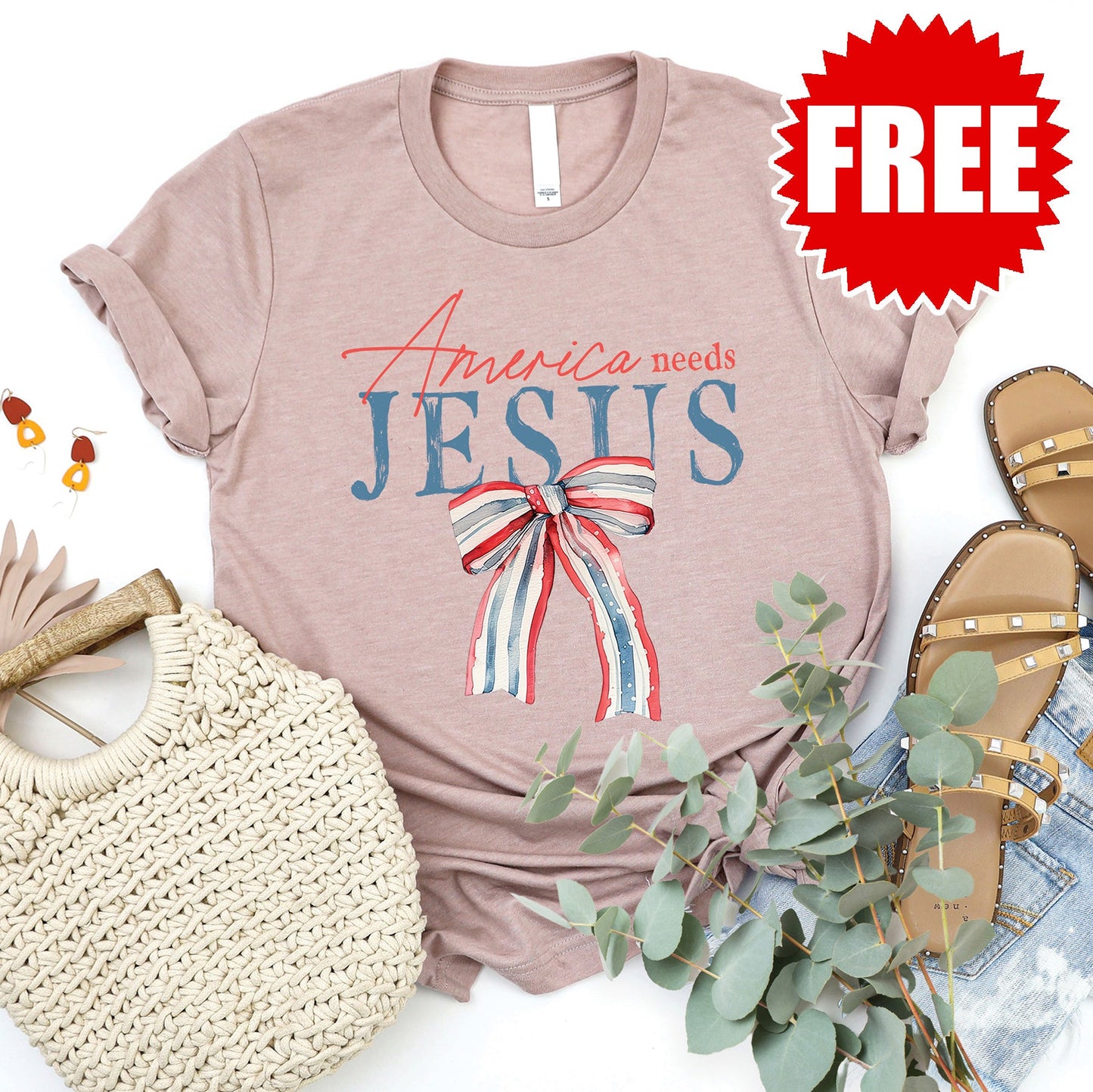 America Needs Jesus Tee - Heather Pink Gravel - FREE