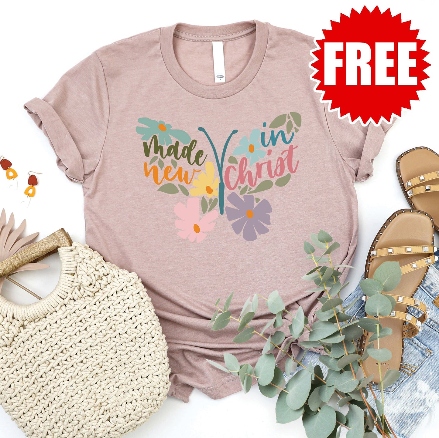 Made New In Christ Tee - Heather Pink Gravel - FREE