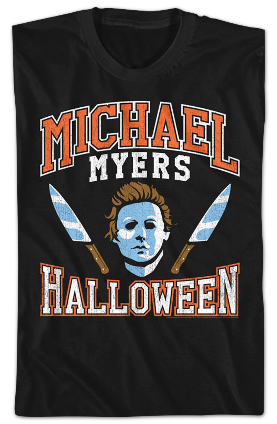 Michael Myers Mask And Knives Varsity Logo Halloween T-Shirt