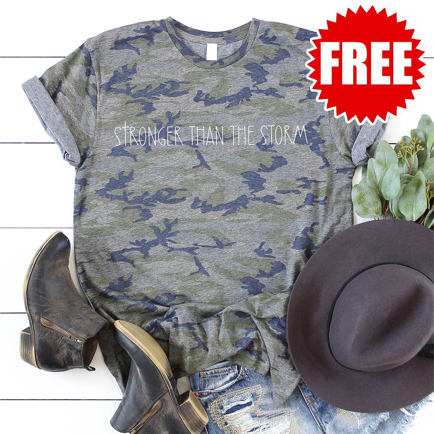 Stronger than the Storm Tee - Vintage Camo - FREE