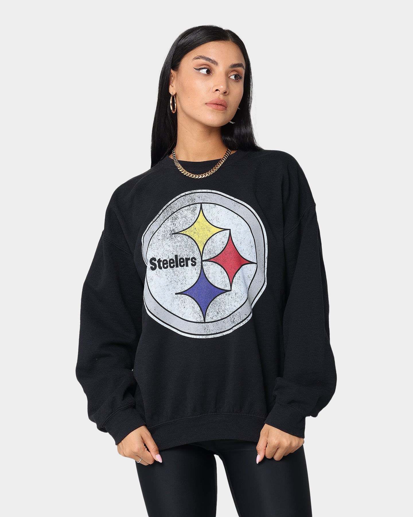 Mitchell and Ness Oversized Extra Large Print Steelers Crewneck Vintage Black Style001