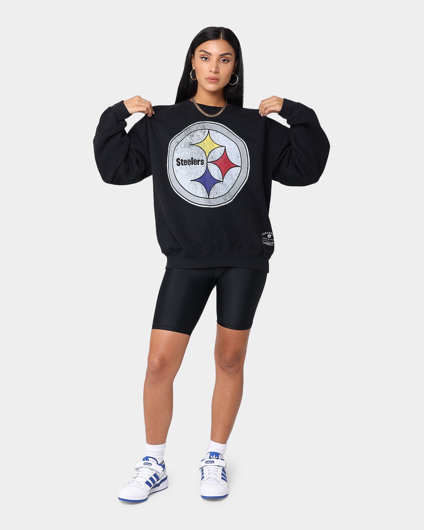 Mitchell and Ness Oversized Extra Large Print Steelers Crewneck Vintage Black Style001