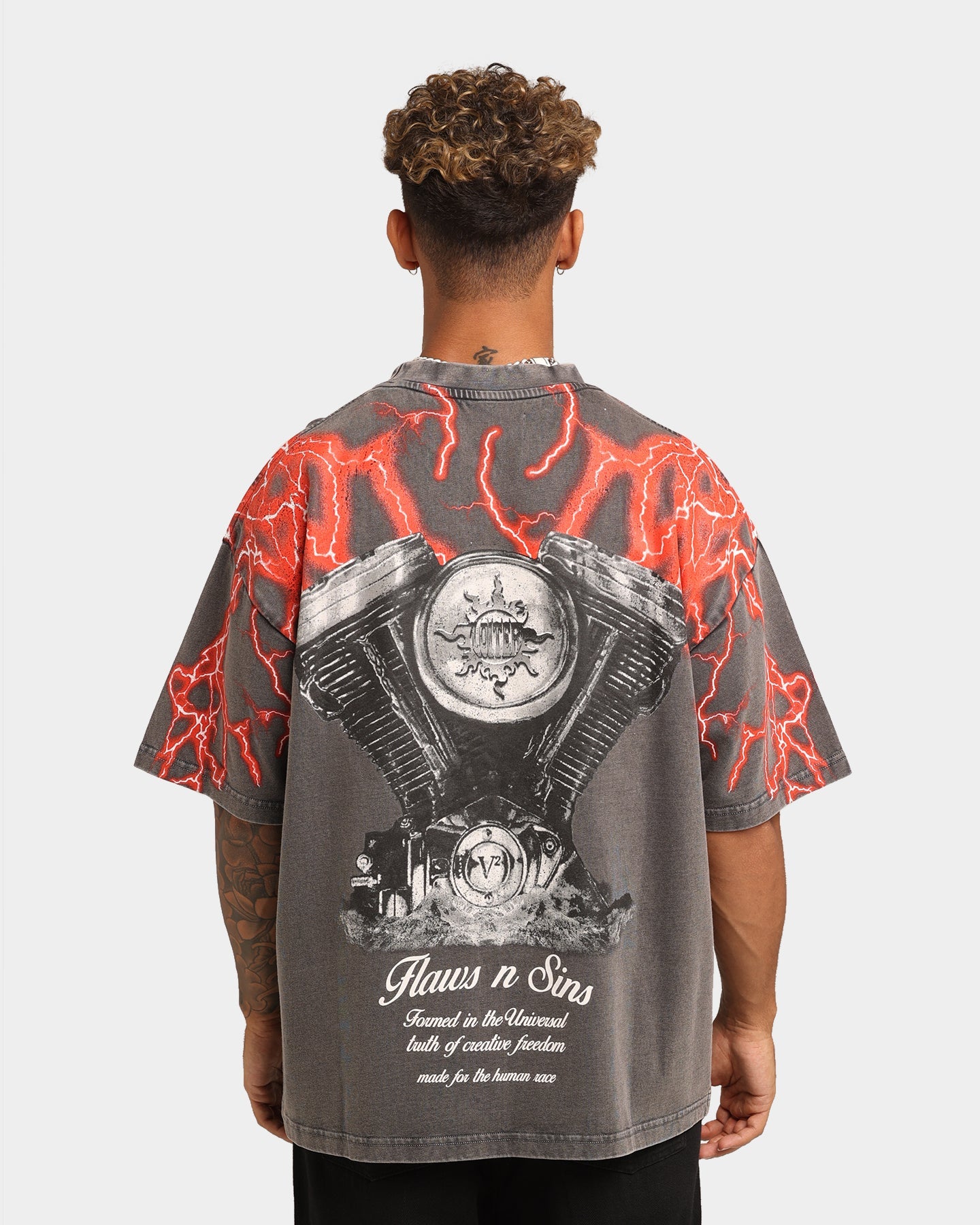 Loiter Lightning Motor Vintage T-Shirt Charcoal/Red