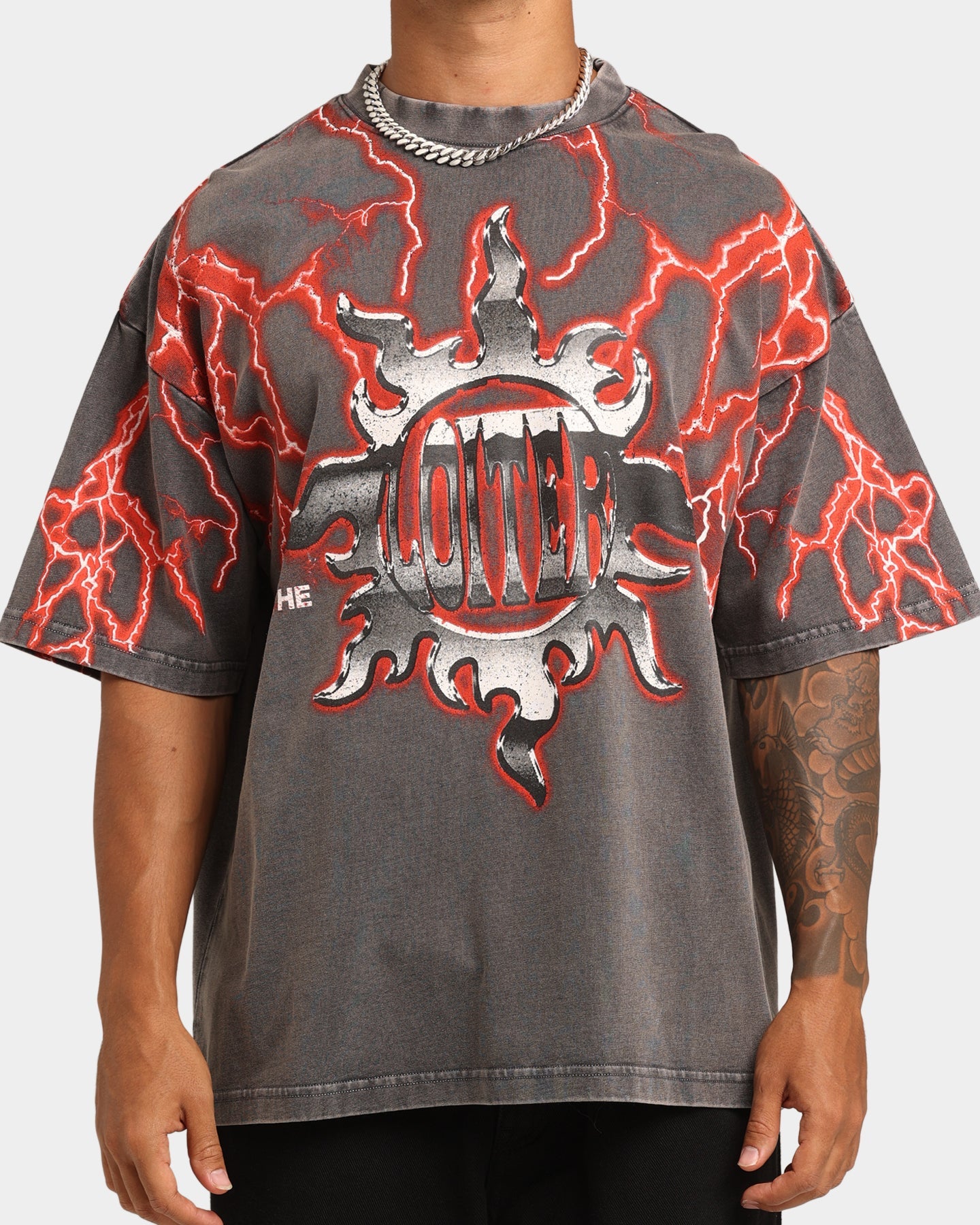 Loiter Lightning Motor Vintage T-Shirt Charcoal/Red