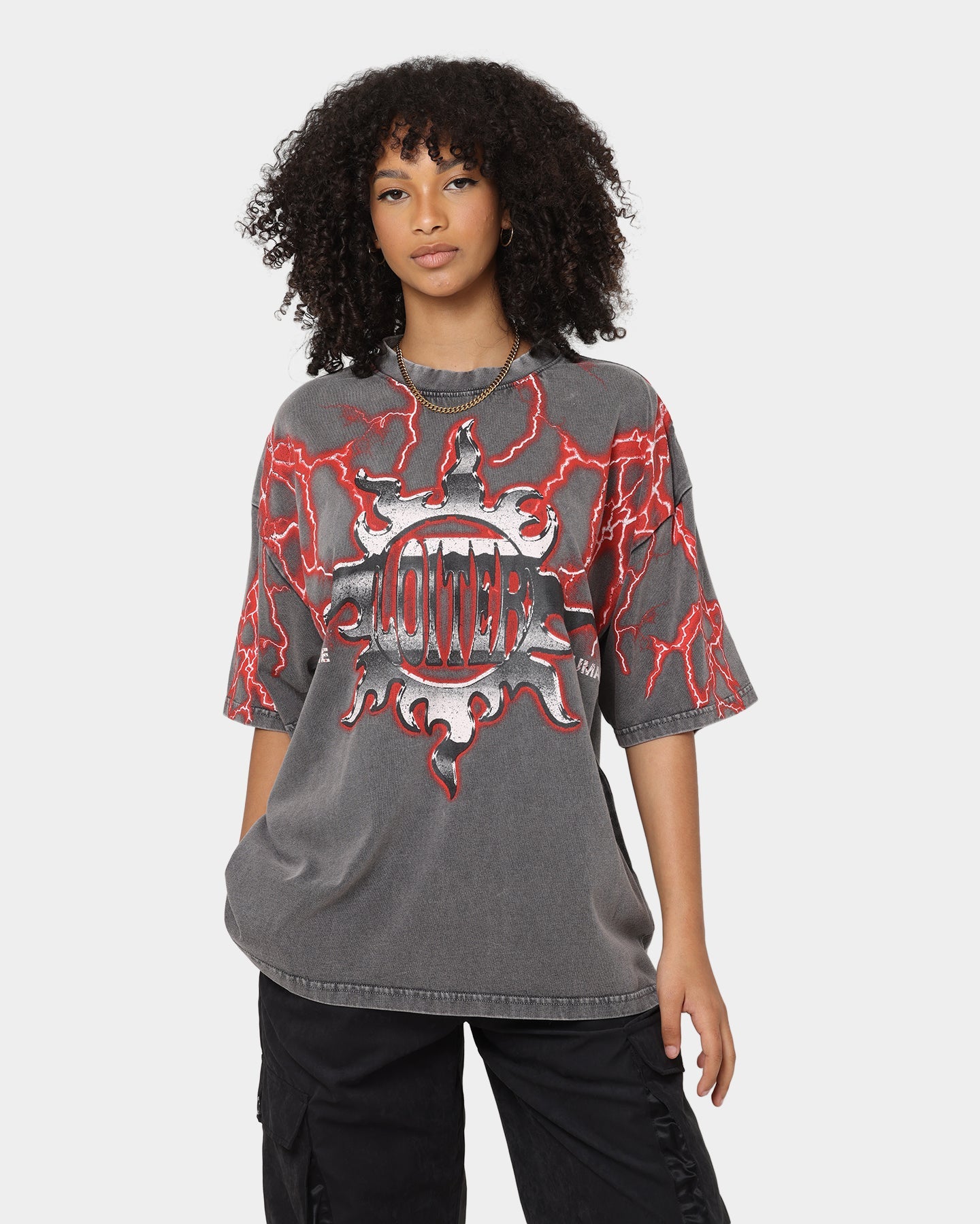 Loiter Lightning Motor Vintage T-Shirt Charcoal/Red Style001