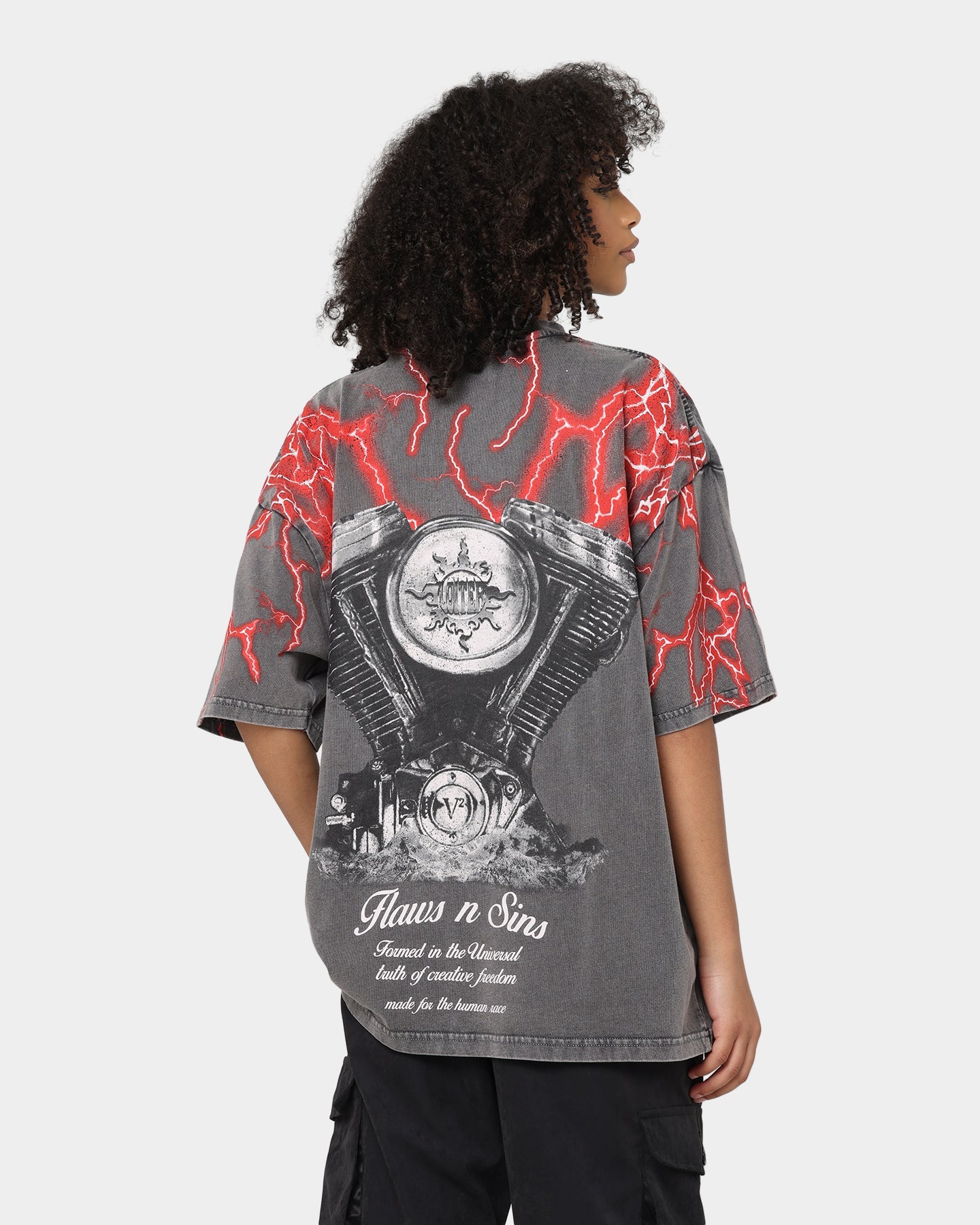 Loiter Lightning Motor Vintage T-Shirt Charcoal/Red Style001
