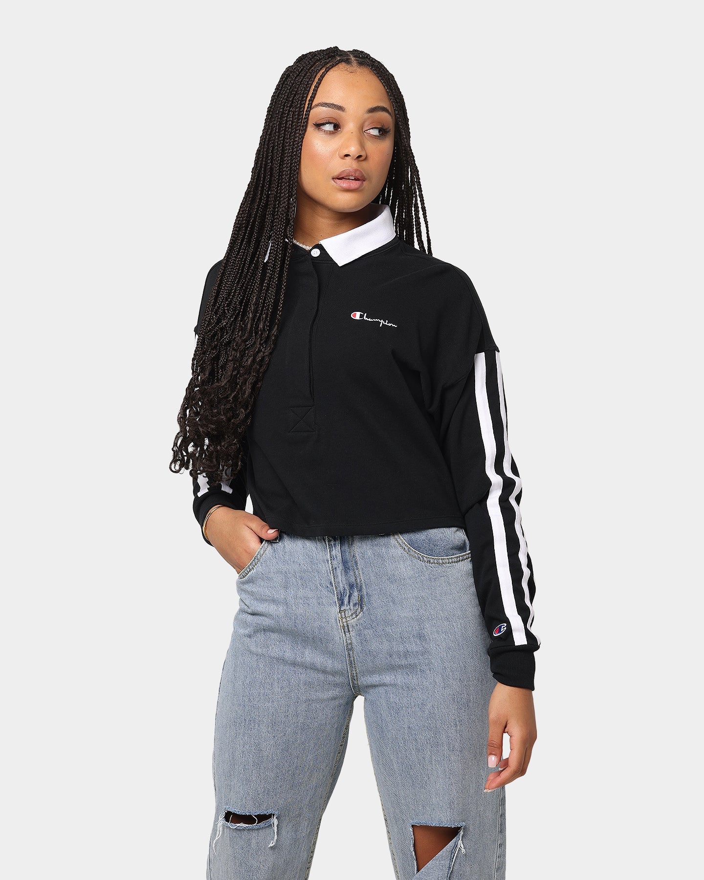 Champion Women's Lifestyle 2 Stripe Rugby Polo Shirt Black
