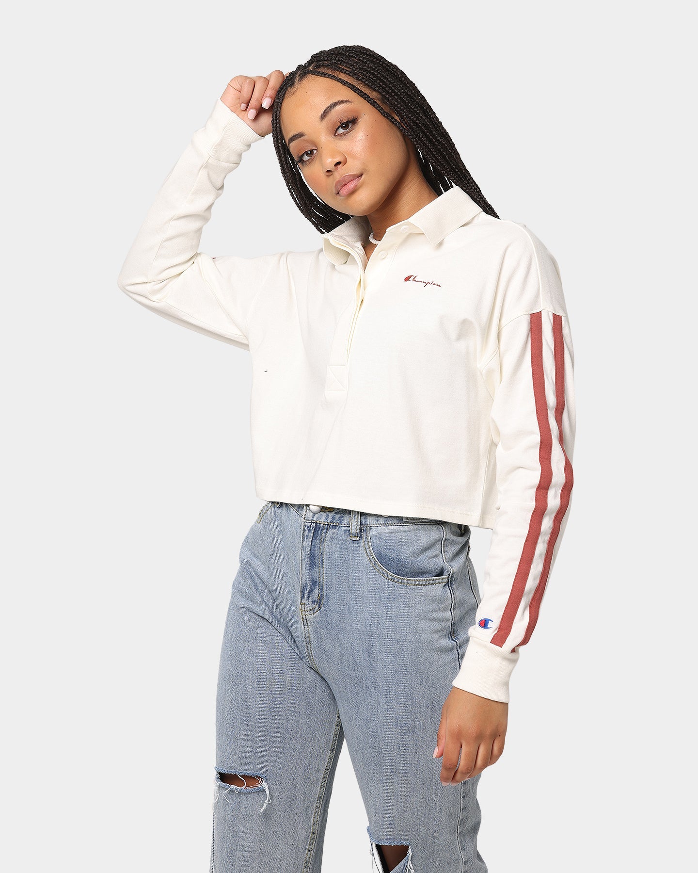 Champion Women's Lifestyle 2 Stripe Rugby Polo Shirt Chalk White