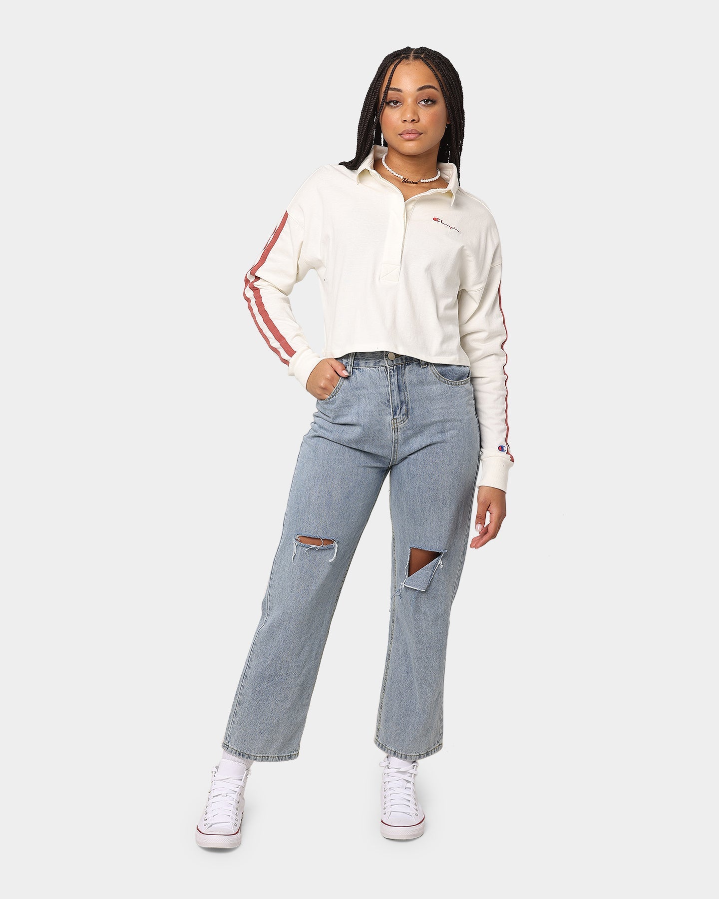 Champion Women's Lifestyle 2 Stripe Rugby Polo Shirt Chalk White