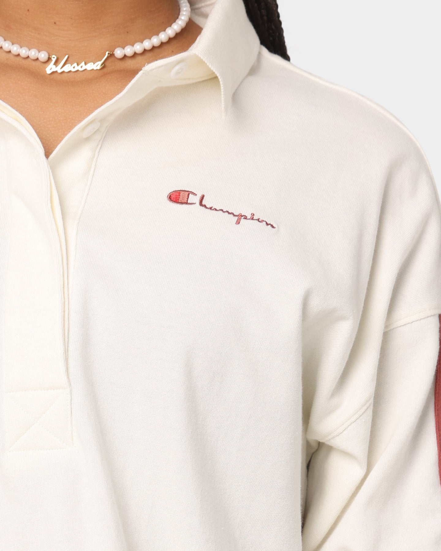 Champion Women's Lifestyle 2 Stripe Rugby Polo Shirt Chalk White