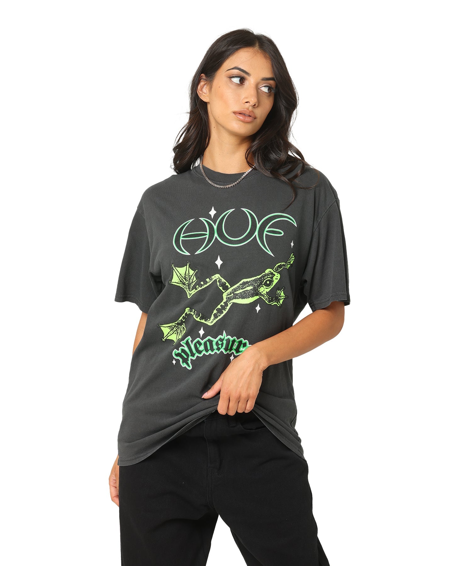 HUF X Pleasures Cane Washed Short Sleeve T-Shirt Washed Black Style001